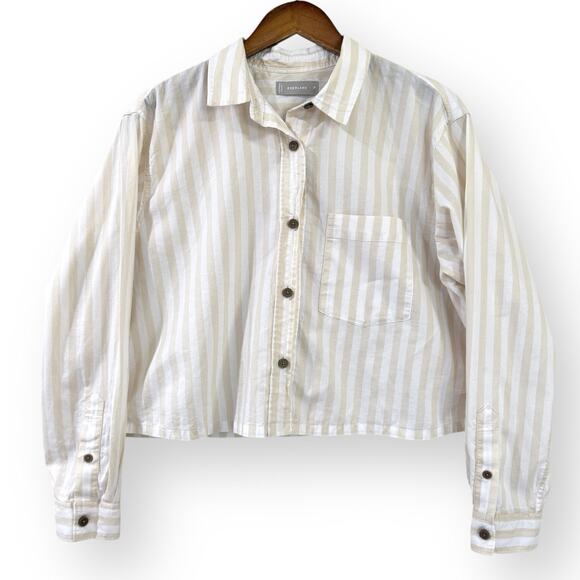 EVERLANE The Silky Cotton Way Short Shirt Sand White Khaki Stripe M Cropped - Picture 2 of 9